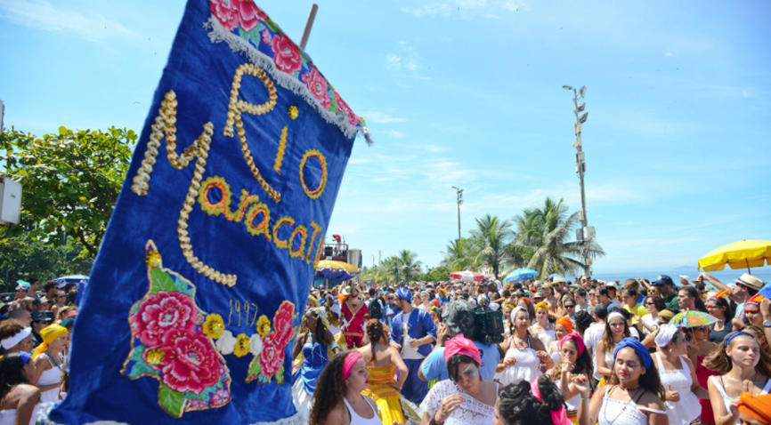 Foto do bloco na praia de ipanema, com o estandarte do bloco em foco e as pessoas ao redor